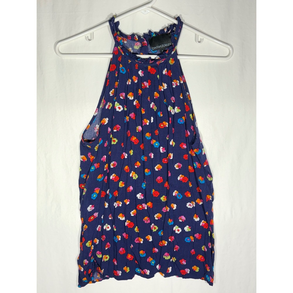 Cynthia Rowley Navy Blue Floral Halter Top Ruffle Neck Sleeveless Blouse Medium